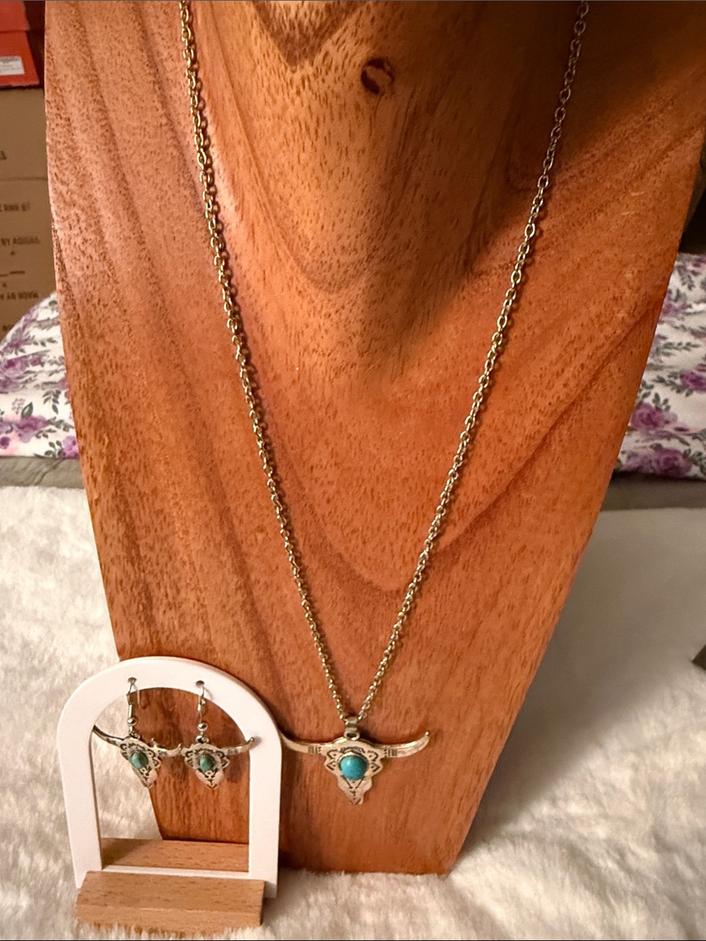 Turquoise Accent Silver-Tone Long Necklace and Earrings Set